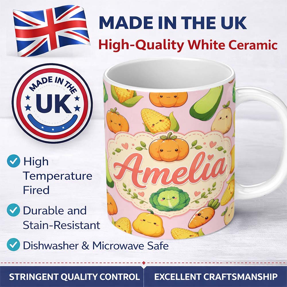 Personalized Custom Name Cute Kawaii Autumn Vegetables Corn Pumpkin Carrot Pink Seamless 11oz Ceramic Coffee Tea Mug White Large Handle