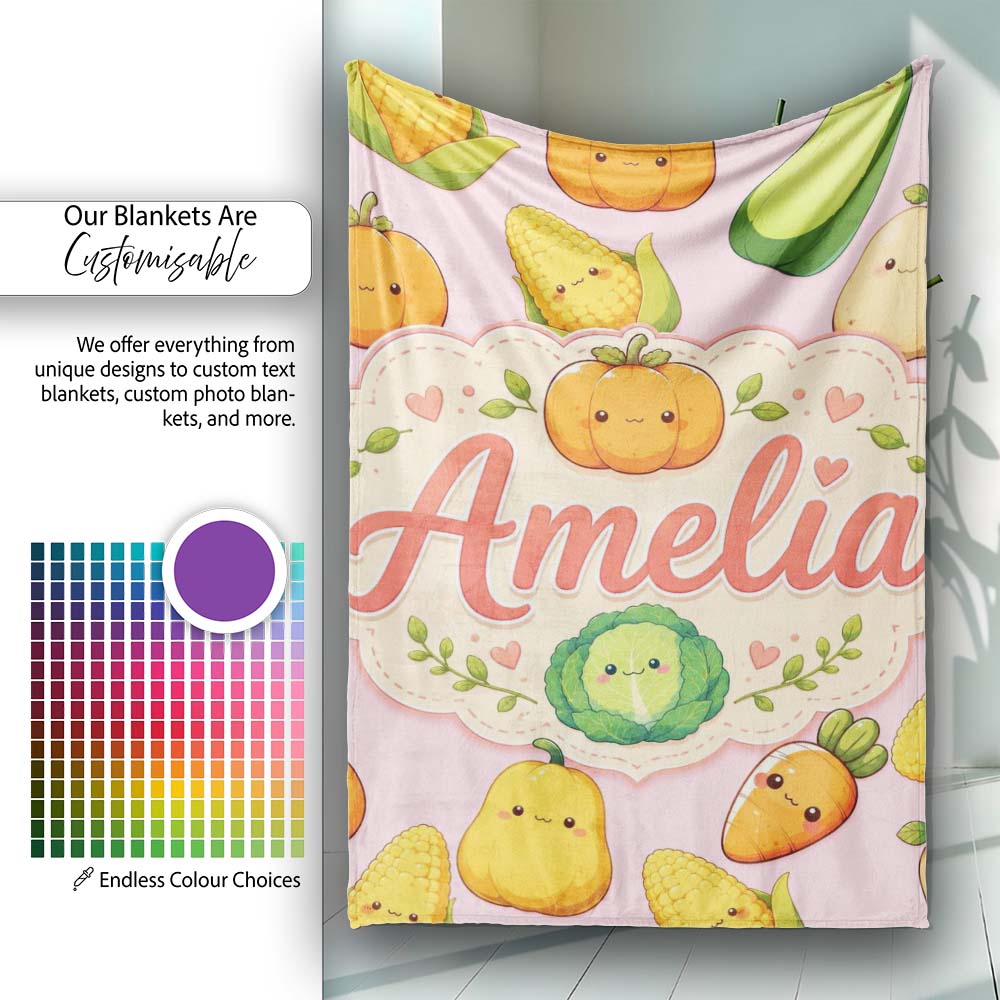 Cute Kawaii Autumn Vegetables Corn Pumpkin Carrot Pink Seamless  Personalised Custom Name Super Soft Fleece Blanket Bed Sofa Throw