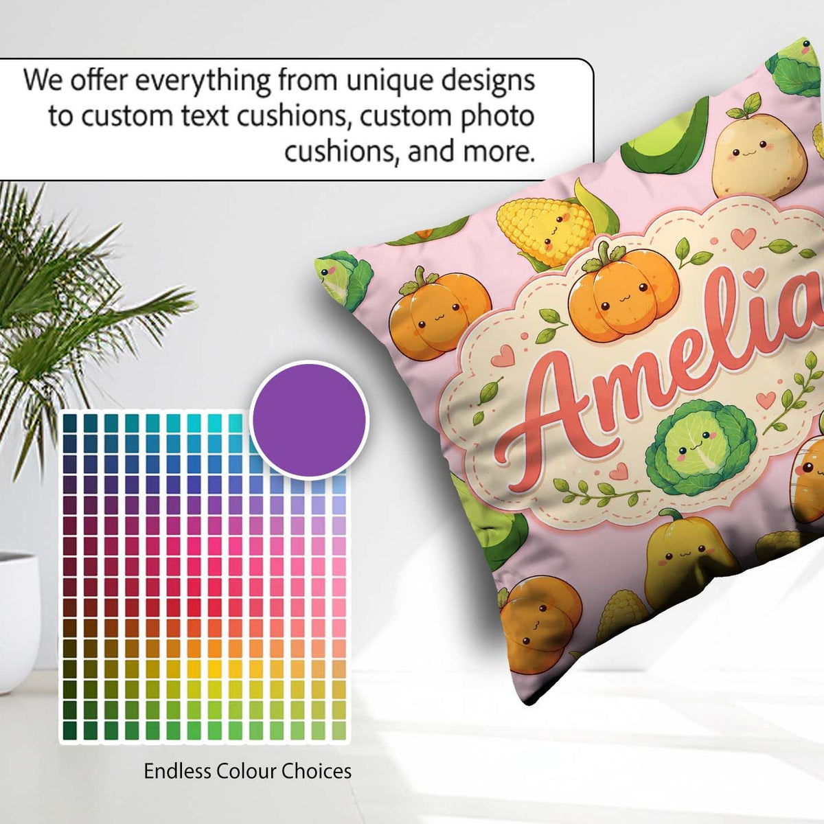 Custom Name Cute Kawaii Autumn Corn Pumpkin Carrot Pink Seamless Square Filled Cushion Throw Pillow Sofa Bed Home Decor Zip Washable UK Made