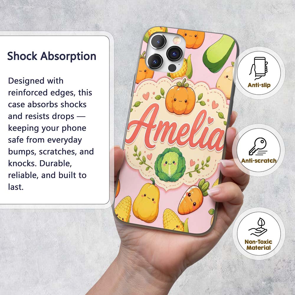 Cute Kawaii Autumn Vegetables Corn Pumpkin Carrot Custom Name Protective Phone Case Mobile Cover Durable Everyday Smartphone Shock Resistant