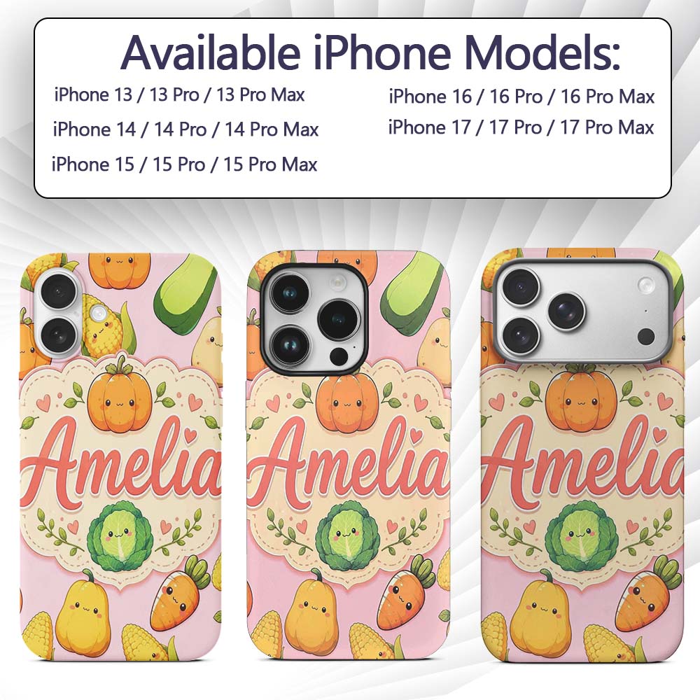 Cute Kawaii Autumn Vegetables Corn Pumpkin Carrot Custom Name Protective Phone Case Mobile Cover Durable Everyday Smartphone Shock Resistant