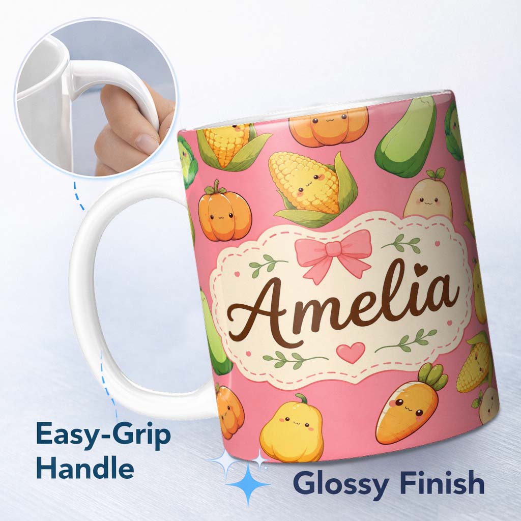 Personalized Custom Name Cute Kawaii Autumn Vegetables Corn Pumpkin Carrot Coral Seamless 11oz Ceramic Coffee Tea Mug White Large Handle
