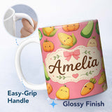 Personalized Custom Name Cute Kawaii Autumn Vegetables Corn Pumpkin Carrot Coral Seamless 11oz Ceramic Coffee Tea Mug White Large Handle