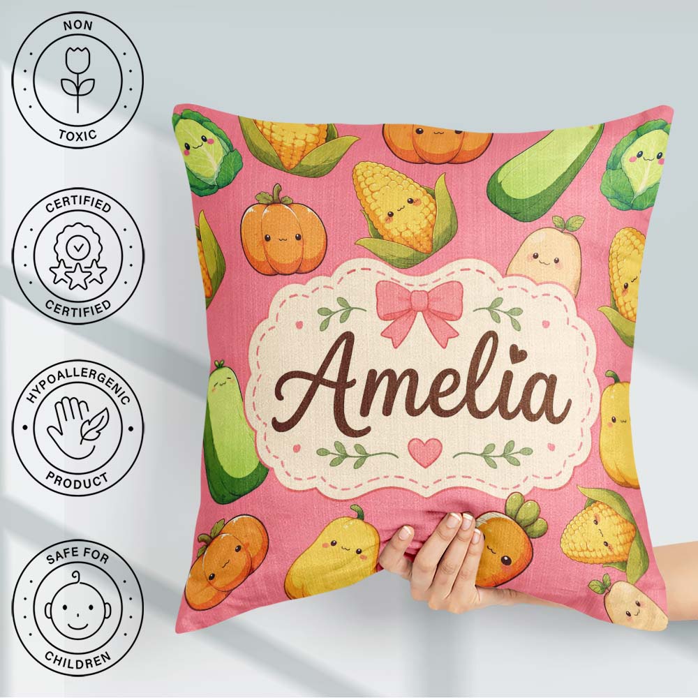 Custom Name Kawaii Autumn Vegetables Corn Pumpkin Coral Seamless Square Filled Cushion Throw Pillow Sofa Bed Home Decor Zip Washable UK Made