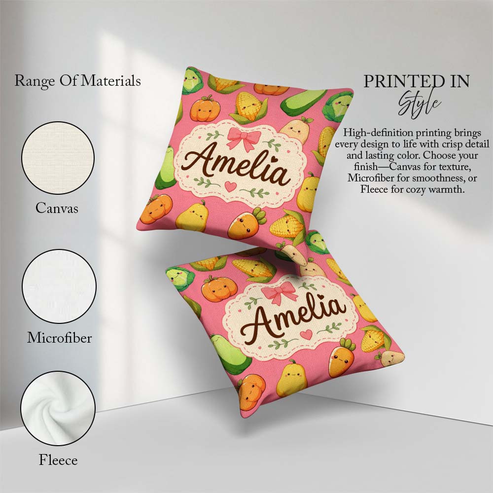 Custom Name Kawaii Autumn Vegetables Corn Pumpkin Coral Seamless Square Filled Cushion Throw Pillow Sofa Bed Home Decor Zip Washable UK Made