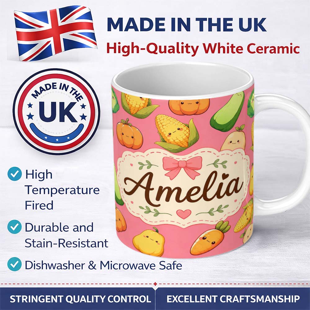 Personalized Custom Name Cute Kawaii Autumn Vegetables Corn Pumpkin Carrot Coral Seamless 11oz Ceramic Coffee Tea Mug White Large Handle
