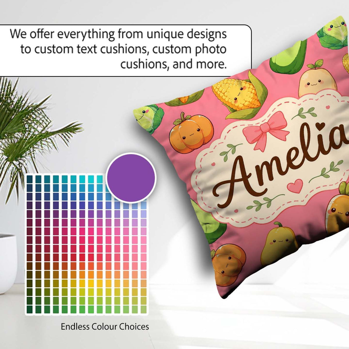 Custom Name Kawaii Autumn Vegetables Corn Pumpkin Coral Seamless Square Filled Cushion Throw Pillow Sofa Bed Home Decor Zip Washable UK Made