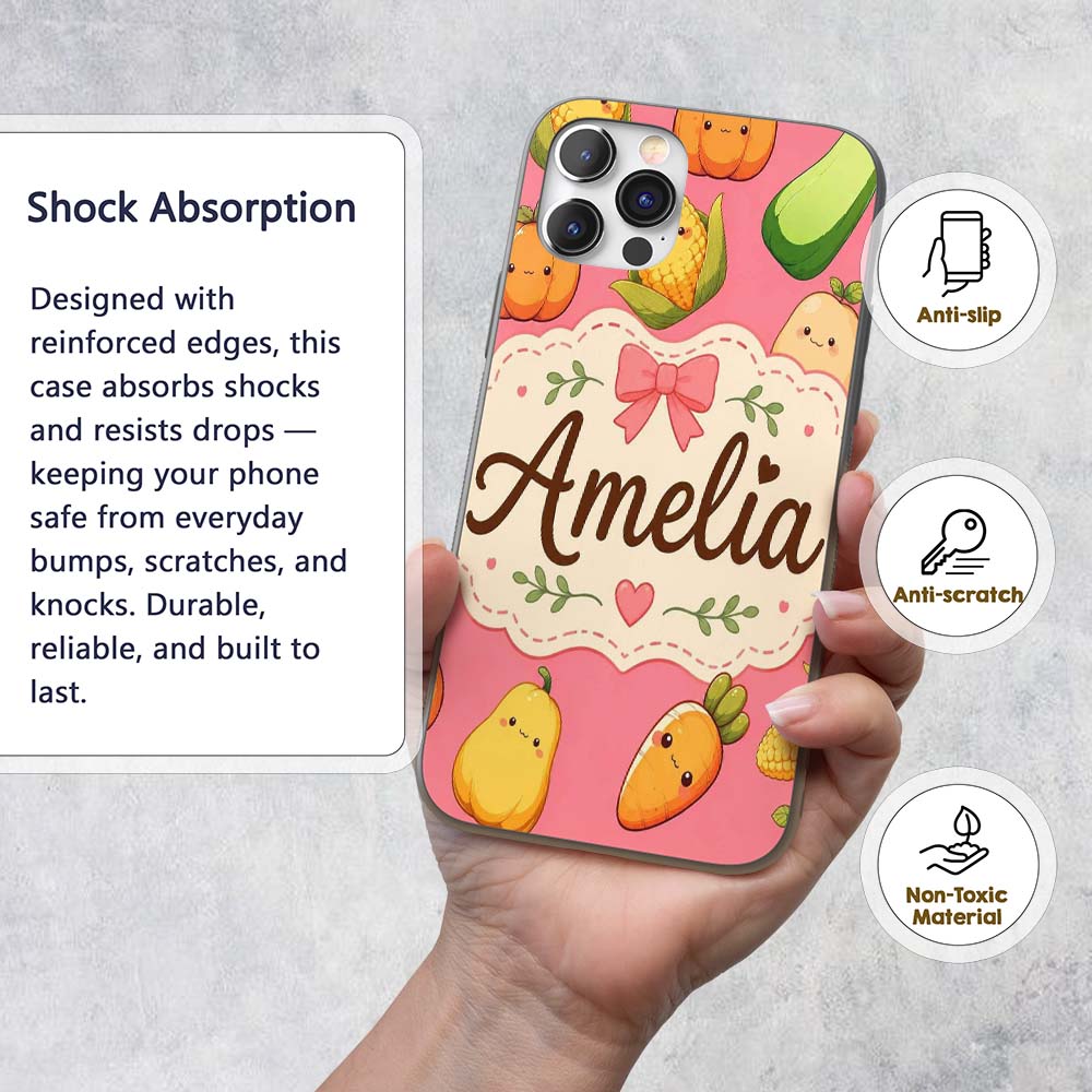 Cute Kawaii Autumn Vegetables Corn Pumpkin Carrot Custom Name Protective Phone Case Mobile Cover Durable Everyday Smartphone Shock Resistant