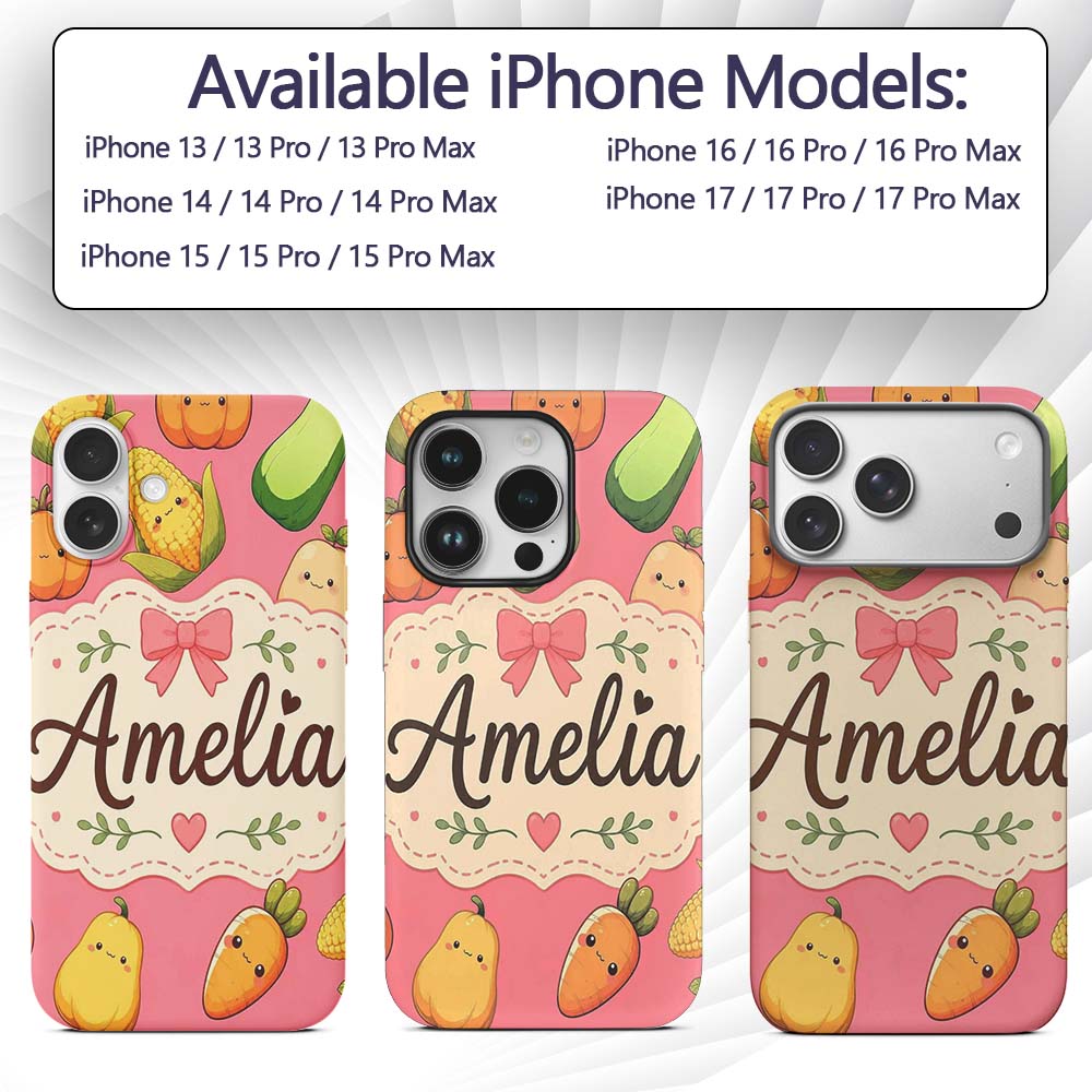 Cute Kawaii Autumn Vegetables Corn Pumpkin Carrot Custom Name Protective Phone Case Mobile Cover Durable Everyday Smartphone Shock Resistant