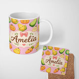 Personalized Custom Name Cute Kawaii Autumn Vegetables Corn Pumpkin Carrot Pink Seamless 11oz Ceramic Coffee Tea Mug White Large Handle