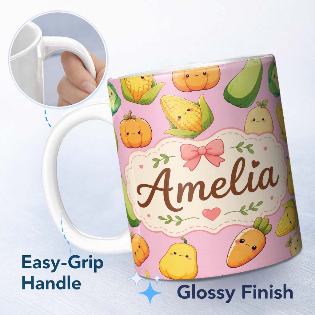 Personalized Custom Name Cute Kawaii Autumn Vegetables Corn Pumpkin Carrot Pink Seamless 11oz Ceramic Coffee Tea Mug White Large Handle