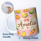Personalized Custom Name Cute Kawaii Autumn Vegetables Corn Pumpkin Carrot Pink Seamless 11oz Ceramic Coffee Tea Mug White Large Handle