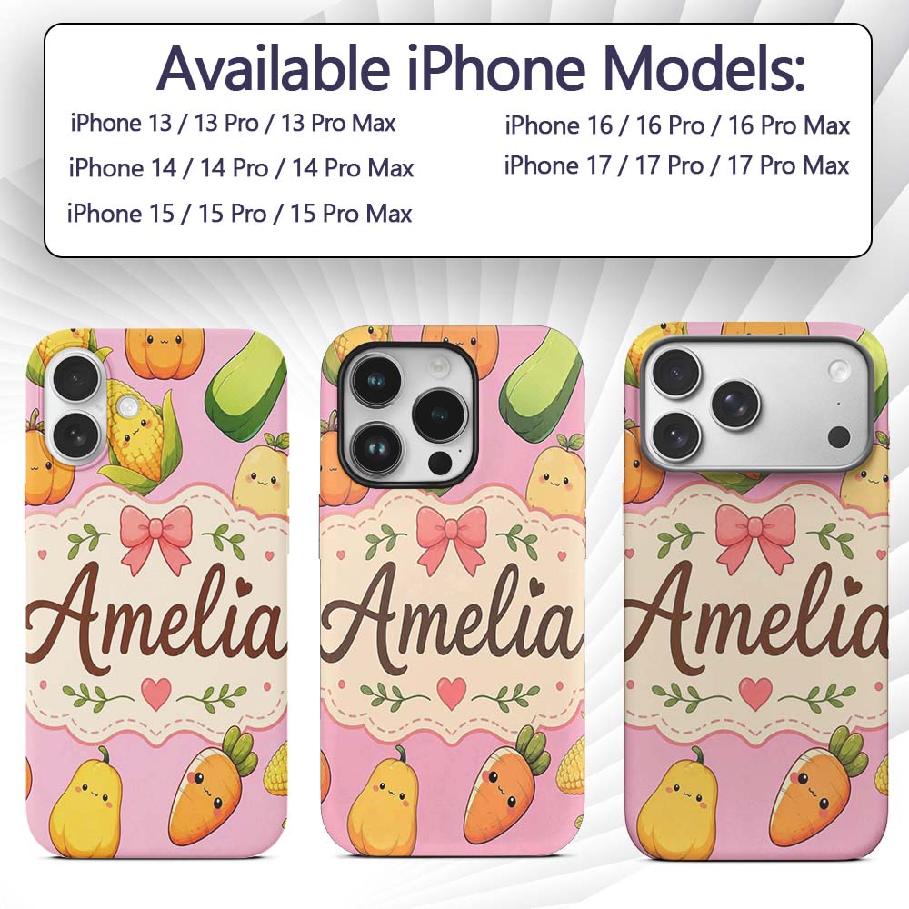 Cute Kawaii Autumn Vegetables Corn Pumpkin Carrot Custom Name Protective Phone Case Mobile Cover Durable Everyday Smartphone Shock Resistant