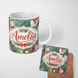 Personalized Custom Name Winter Snowman Gingerbread Cookie Holiday Green Seamless Pattern 11oz Ceramic Coffee Tea Mug White Large Handle