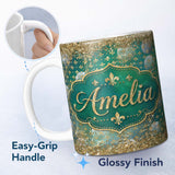 Personalized Custom Name Teal Gold Fleur De Lis Ornament Seamless Pattern Design Elegant Luxe 11oz Ceramic Coffee Tea Mug White Large Handle