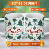 Personalized Custom Name Decorated Christmas Trees Berries Winter Foliage Seamless Pattern 11oz Ceramic Coffee Tea Mug White Large Handle
