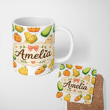 Personalized Custom Name Cute Kawaii Autumn Vegetables Corn Pumpkin Carrot Grey Seamless 11oz Ceramic Coffee Tea Mug White Large Handle