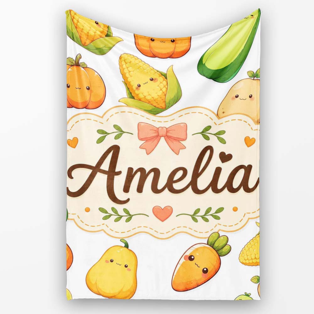Cute Kawaii Autumn Vegetables Corn Pumpkin Carrot Grey Seamless  Personalised Custom Name Super Soft Fleece Blanket Bed Sofa Throw