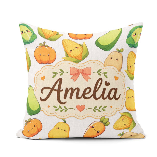 Custom Name Cute Kawaii Autumn Corn Pumpkin Carrot Grey Seamless Square Filled Cushion Throw Pillow Sofa Bed Home Decor Zip Washable UK Made