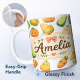 Personalized Custom Name Cute Kawaii Autumn Vegetables Corn Pumpkin Carrot Grey Seamless 11oz Ceramic Coffee Tea Mug White Large Handle