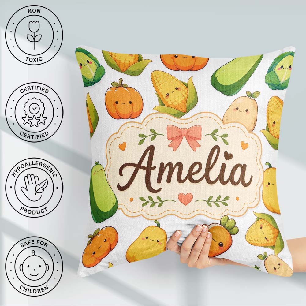 Custom Name Cute Kawaii Autumn Corn Pumpkin Carrot Grey Seamless Square Filled Cushion Throw Pillow Sofa Bed Home Decor Zip Washable UK Made