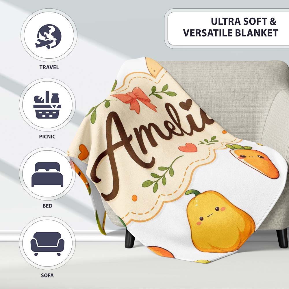 Cute Kawaii Autumn Vegetables Corn Pumpkin Carrot Grey Seamless  Personalised Custom Name Super Soft Fleece Blanket Bed Sofa Throw