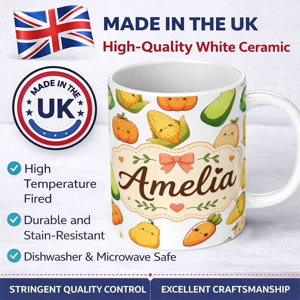 Personalized Custom Name Cute Kawaii Autumn Vegetables Corn Pumpkin Carrot Grey Seamless 11oz Ceramic Coffee Tea Mug White Large Handle