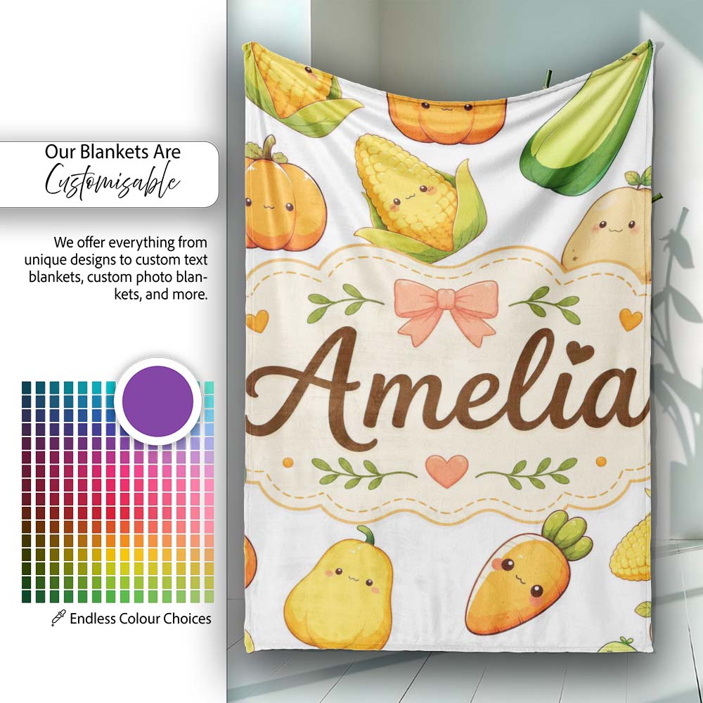 Cute Kawaii Autumn Vegetables Corn Pumpkin Carrot Grey Seamless  Personalised Custom Name Super Soft Fleece Blanket Bed Sofa Throw