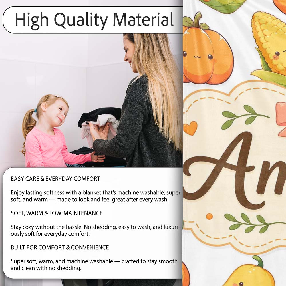 Cute Kawaii Autumn Vegetables Corn Pumpkin Carrot Grey Seamless  Personalised Custom Name Super Soft Fleece Blanket Bed Sofa Throw