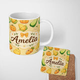 Personalized Custom Name Cute Kawaii Autumn Vegetables Corn Pumpkin Carrot Yellow Seamless 11oz Ceramic Coffee Tea Mug White Large Handle