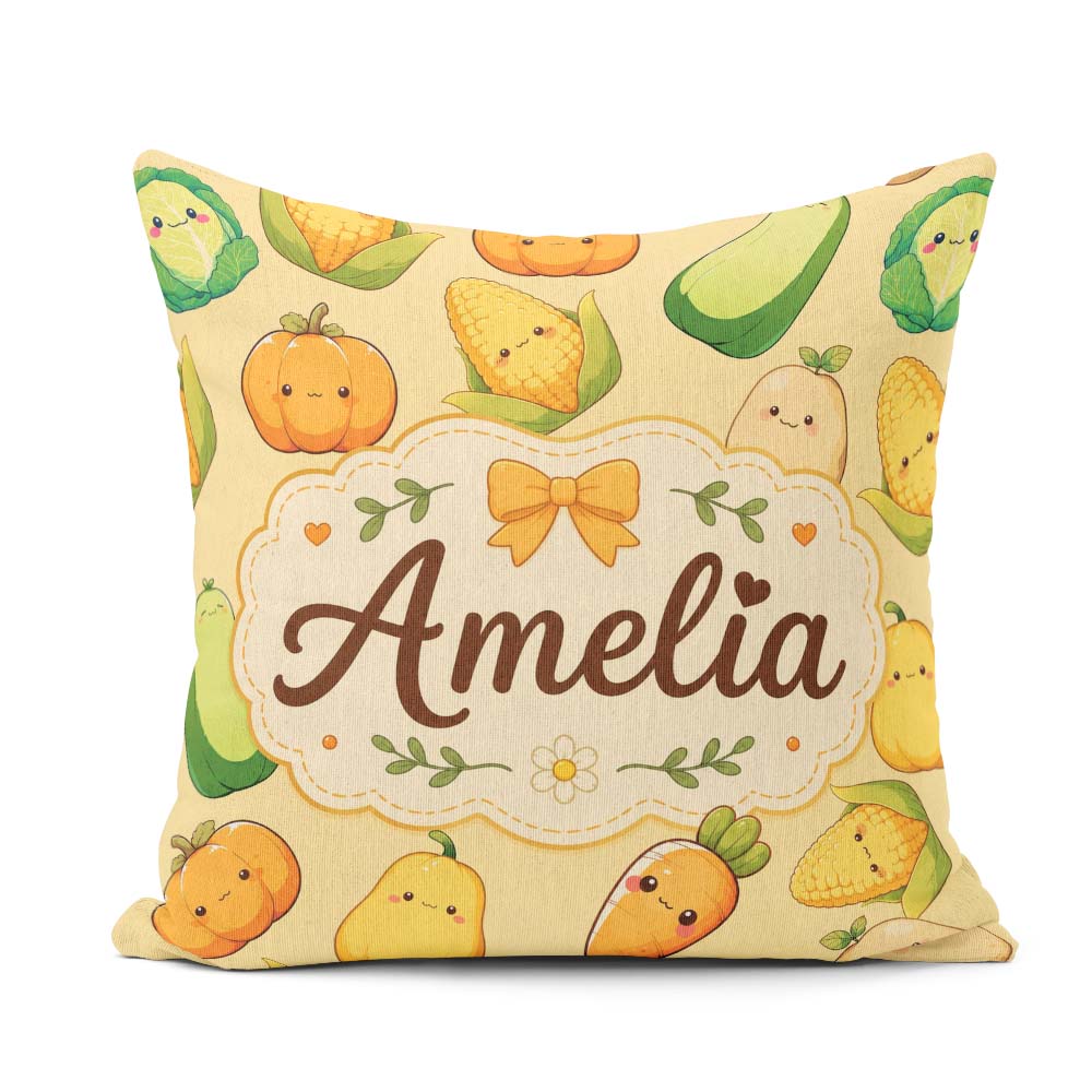 Custom Name Kawaii Autumn Vegetables Corn Carrot Yellow Seamless Square Filled Cushion Throw Pillow Sofa Bed Home Decor Zip Washable UK Made