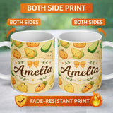 Personalized Custom Name Cute Kawaii Autumn Vegetables Corn Pumpkin Carrot Yellow Seamless 11oz Ceramic Coffee Tea Mug White Large Handle