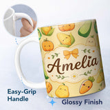 Personalized Custom Name Cute Kawaii Autumn Vegetables Corn Pumpkin Carrot Yellow Seamless 11oz Ceramic Coffee Tea Mug White Large Handle