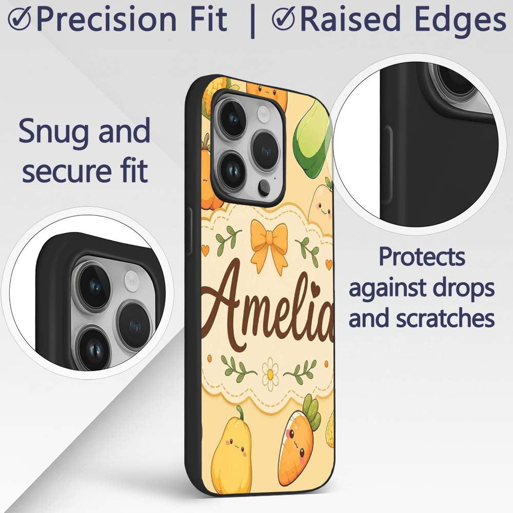 Cute Kawaii Autumn Vegetables Corn Pumpkin Carrot Custom Name Protective Phone Case Mobile Cover Durable Everyday Smartphone Shock Resistant