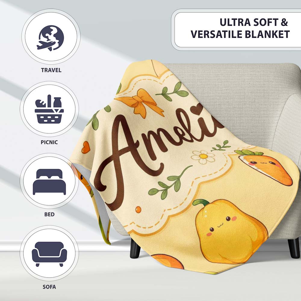 Cute Kawaii Autumn Vegetables Corn Pumpkin Carrot Yellow Seamless  Personalised Custom Name Super Soft Fleece Blanket Bed Sofa Throw