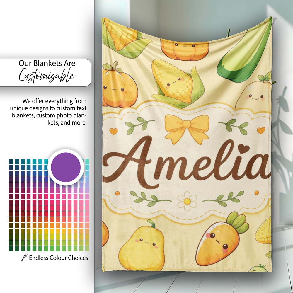 Cute Kawaii Autumn Vegetables Corn Pumpkin Carrot Yellow Seamless  Personalised Custom Name Super Soft Fleece Blanket Bed Sofa Throw