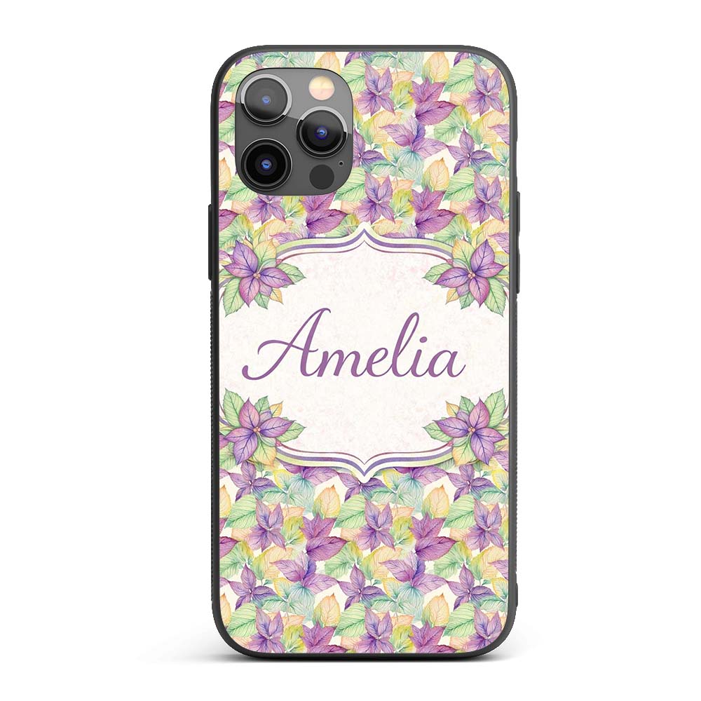 Pink Green Watercolor Leaf Botanical Seamless Custom Name Protective Phone Case Mobile Cover Durable Everyday Smartphone Shock Resistant