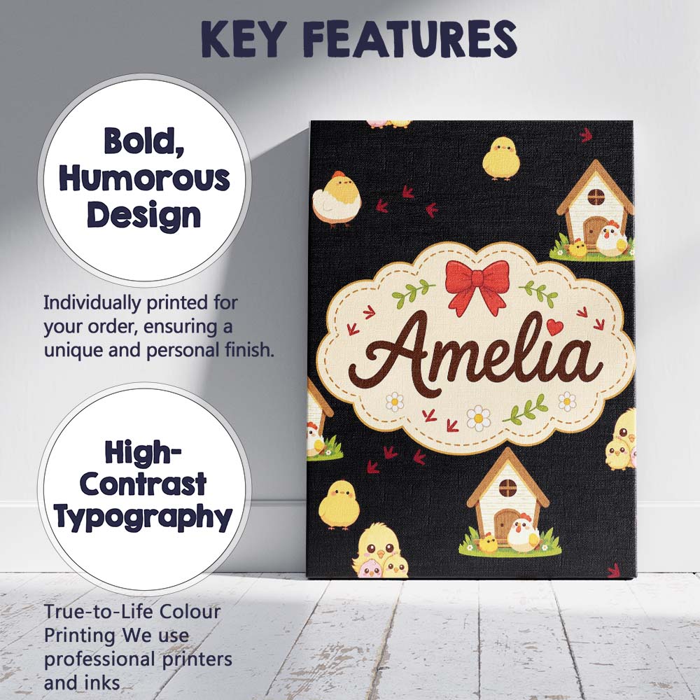 Personalised Name Cute Farm Chick Chicken Custom  Unique Gift Idea Elegant Feature Canvas Wall Art Print Decor Picture Ready to Hang