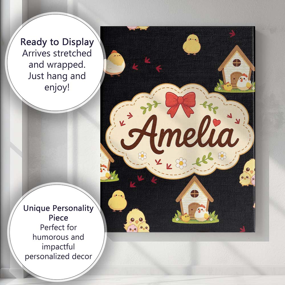 Personalised Name Cute Farm Chick Chicken Custom  Unique Gift Idea Elegant Feature Canvas Wall Art Print Decor Picture Ready to Hang