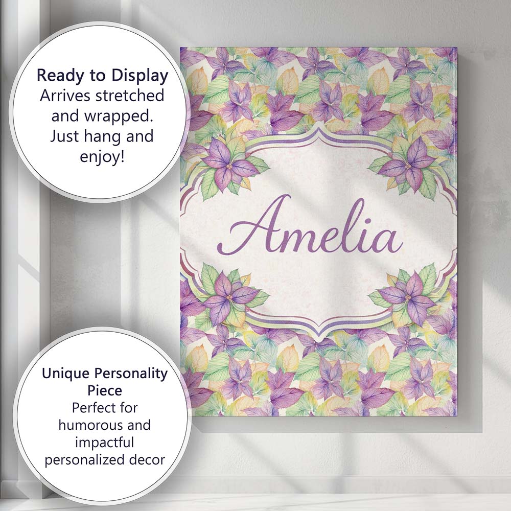 Personalised Name Pink Green Watercolor Leaf Botanical Seamless Custom  Statement Canvas Wall Art Print Decor Picture Ready to Hang