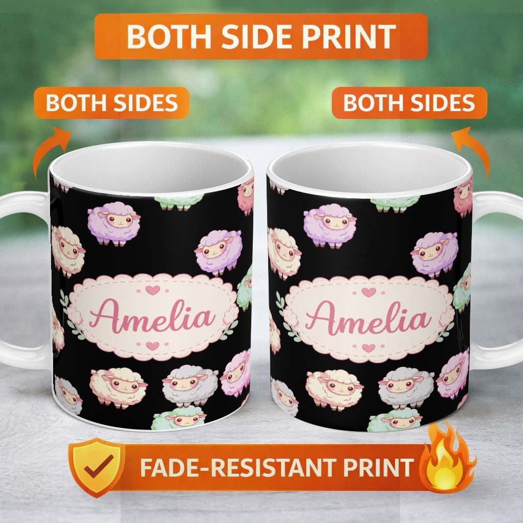 Personalized Custom Name Cute Pastel Rainbow Sheep Lamb Seamless Pattern Name Unique Gift 11oz Ceramic Coffee Tea Mug White Large Handle
