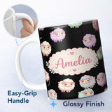 Personalized Custom Name Cute Pastel Rainbow Sheep Lamb Seamless Pattern Name Unique Gift 11oz Ceramic Coffee Tea Mug White Large Handle