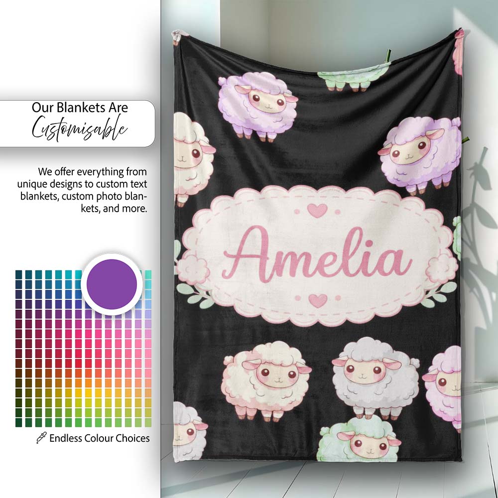 Cute Pastel Rainbow Sheep Lamb Seamless Pattern Name Unique Gift  Personalised Custom Name Super Soft Fleece Blanket Bed Sofa Throw
