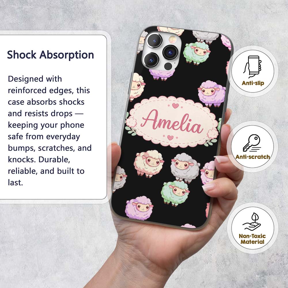 Cute Pastel Rainbow Sheep Lamb Seamless Pattern Custom Name Protective Phone Case Mobile Cover Durable Everyday Smartphone Shock Resistant