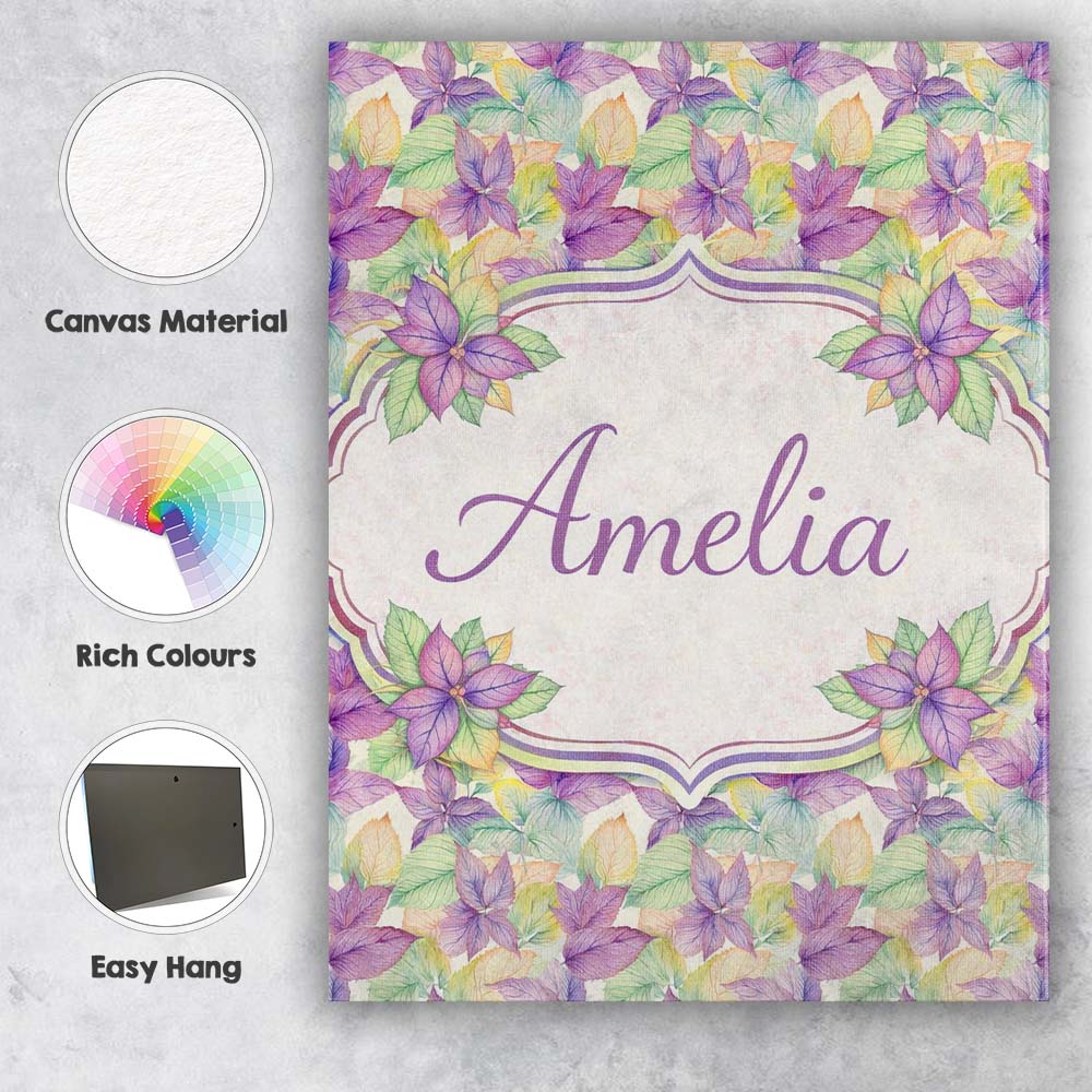 Personalised Name Pink Green Watercolor Leaf Botanical Seamless Custom  Statement Canvas Wall Art Print Decor Picture Ready to Hang