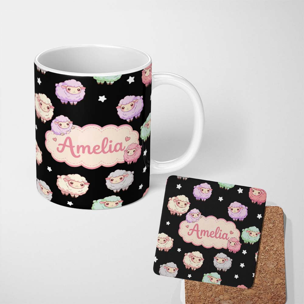 Personalized Custom Name Cute Pastel Rainbow Sheep Lamb Soft Seamless Pattern Name Unique 11oz Ceramic Coffee Tea Mug White Large Handle