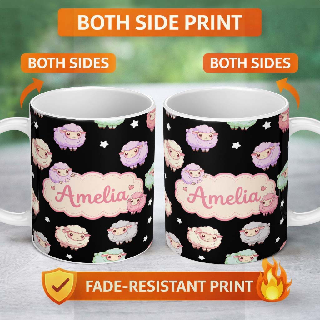 Personalized Custom Name Cute Pastel Rainbow Sheep Lamb Soft Seamless Pattern Name Unique 11oz Ceramic Coffee Tea Mug White Large Handle