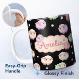 Personalized Custom Name Cute Pastel Rainbow Sheep Lamb Soft Seamless Pattern Name Unique 11oz Ceramic Coffee Tea Mug White Large Handle
