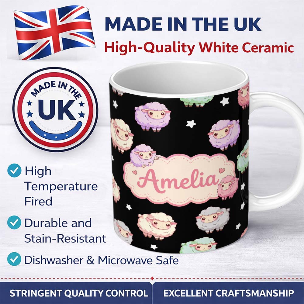 Personalized Custom Name Cute Pastel Rainbow Sheep Lamb Soft Seamless Pattern Name Unique 11oz Ceramic Coffee Tea Mug White Large Handle