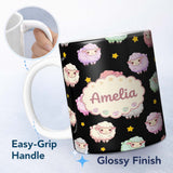 Personalized Custom Name Cute Pastel Rainbow Sheep Lamb Stars Seamless Pattern Name Unique 11oz Ceramic Coffee Tea Mug White Large Handle